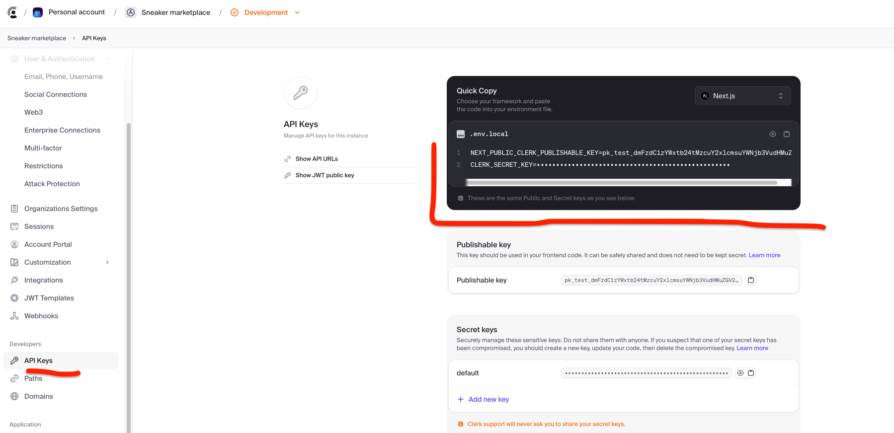 Screenshot of how to copy API keys in Clerk