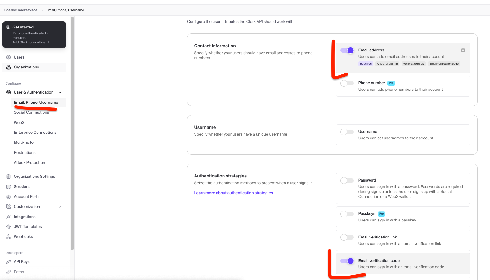 Screenshot of how to enable verification code in Clerk